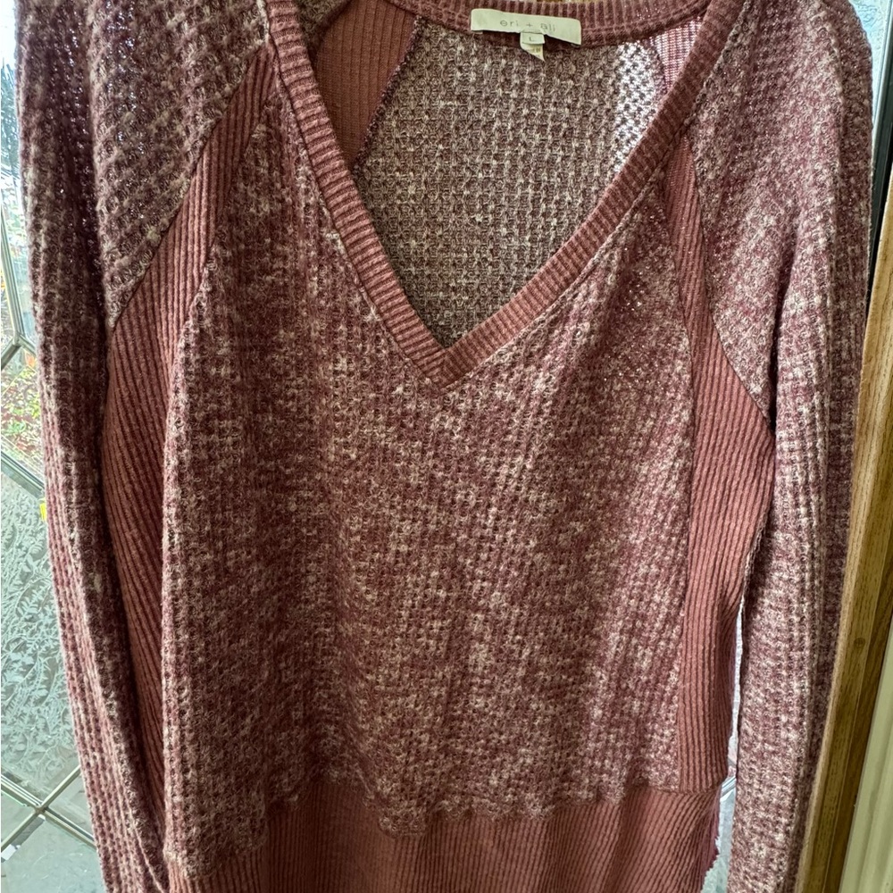 Eri + ali Anthropologie pullover v neck sweater top Sz L mauve long sleeve